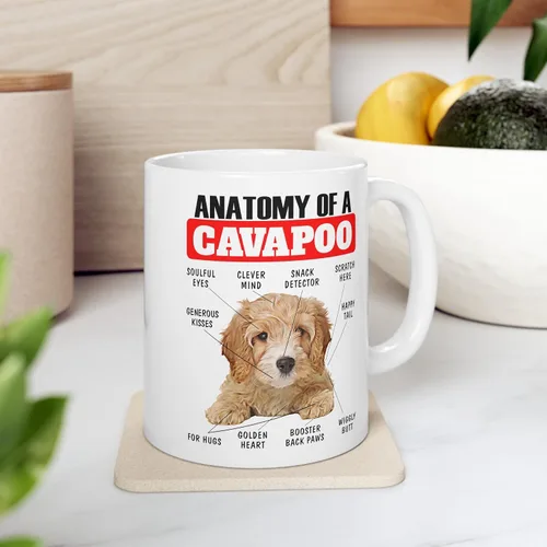 Vista 5 de Divertida taza de café de cerámica blanca de 11 oz con diseño de cachorro de Cavapoo