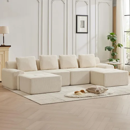 Vista 55 de Sofá modular modular con otomana móvil, sofá de asiento profundo con almohadas, cómodo sofá modular de nube para sala de estar, dormitorio y Blanco