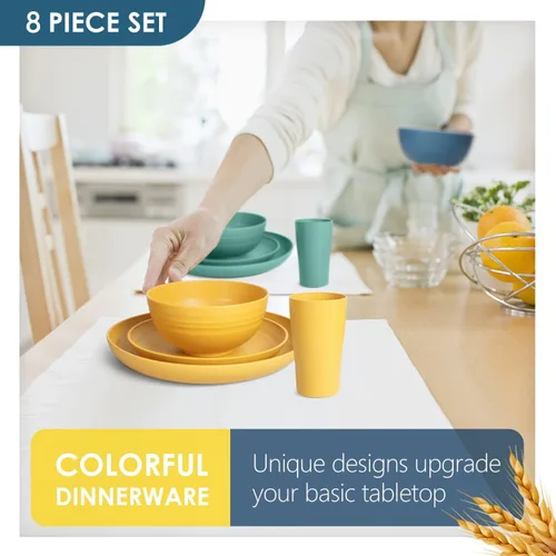 Vista 5 de Teivio Juego de vajilla de plástico de paja de trigo de 16 piezas, servicio para 4, platos de cena, plato de postre, tazones para cereales, tazas