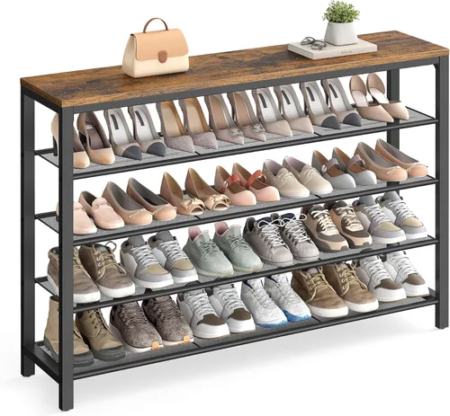 Vista 15 de VASAGLE Zapatero de 4 niveles, organizador grande de almacenamiento de zapatos para armario, entrada, 15-20 pares, con 3 estantes de malla metálica
