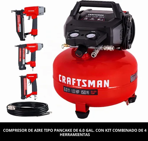 Vista 8 de Craftsman Compresor de Aire Tipo Panqueque de 6 Galones Kit Combo de 4 Herramientas, 150 PSI, Libre de Aceite, Incluye Clavadora de Acabado 16GA