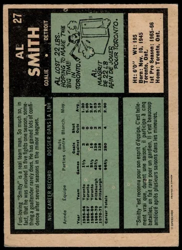 Vista 2 de 1971 O-Pee-Chee # 27 Al Smith Detroit Red Wings (Hockey Card) VGEX Red Wings