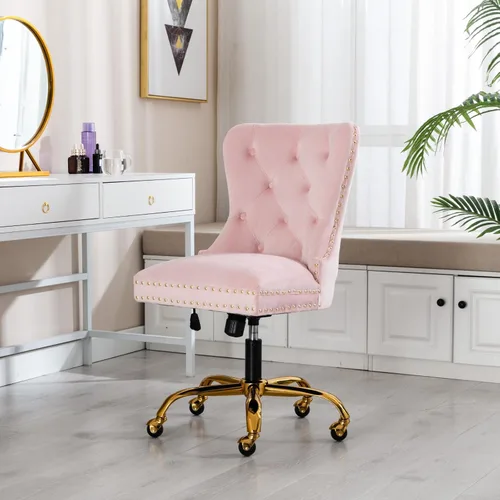 Vista 9 de Moderna silla giratoria de terciopelo, silla de escritorio de maquillaje copetuda con ruedas y base dorada, cómoda silla de escritorio tapizada