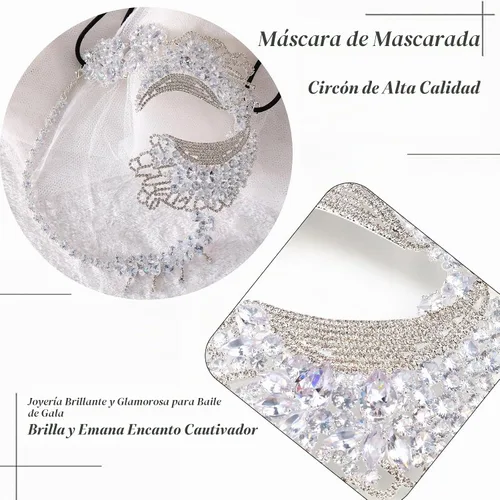 Vista 9 de STONEFANS Máscara de mascarada para mujer, máscara de Mardi Gras veneciana plateada con diamantes de imitación, disfraz de mascarada para mujer