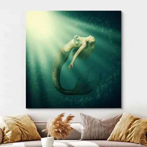 Vista 3 de wall26 Lienzo impreso para pared, diseño de sirena que nada bajo el sol verde azulado, fantasía y ciencia ficción, ilustraciones del océano, arte