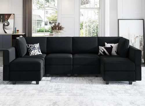 Vista 14 de Belffin Sofá modular en forma de U con tumbonas reversibles, de terciopelo, con asiento de almacenamiento, color negro