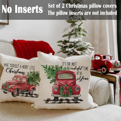 Vista 4 de CARRIE HOME Fundas de almohada navideñas de 18 x 18 pulgadas, paquete de 2 fundas de almohada rústicas de Navidad de camión rojo para decoraciones