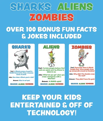 Vista 2 de Sharks Aliens Zombies: divertido juego de cartas para niños jugado como tijeras de papel de roca, guerra para la familia, juego de noche, regalo