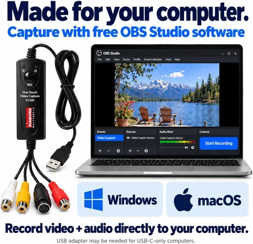 Vista 5 de Diamond Multimedia VC500 VHS a convertidor digital, dispositivo de captura de video USB para VHS, VCR, DVD, Hi8, mini reproductores DV, videocámara