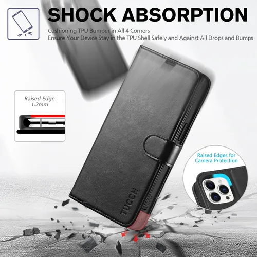 Vista 6 de Funda tipo billetera TUCCH para iPhone 15 Pro Max, con bloqueo RFID, con soporte para 4 tarjetas, a prueba de golpes, con interior de TPU, con funda