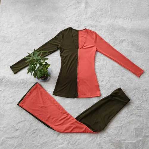 Vista 3 de kaimimei Conjunto deportivo sexy de 2 piezas con bloques de color para mujer, con dobladillo acanalado, abertura y pantalones acampanados, ropa