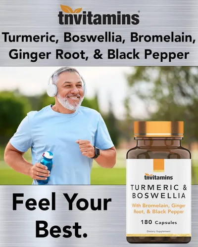 Vista 7 de tnVitamins Turmeric & Boswellia Complex (180 cápsulas) con raíz de jengibre, bromelina y extracto de pimienta negra Fórmula Joint-Easy: potente