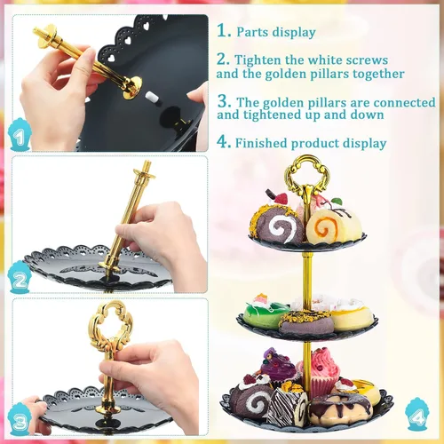 Vista 4 de 4 juegos de soporte de postre de plástico de 3 niveles, soporte negro para cupcakes, mini torta de frutas y dulces, bandeja reutilizable para servir