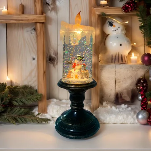 Vista 10 de Velas sin llama parpadeantes de Navidad, diseño de globo de nieve, luz de vela, agua arremolinada con purpurina, velas giratorias con temporizador