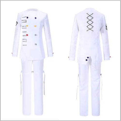 Vista 3 de Ouma Kokichi - Disfraz de cosplay blanco para uniforme escolar Danga V3, traje de Halloween con bufanda