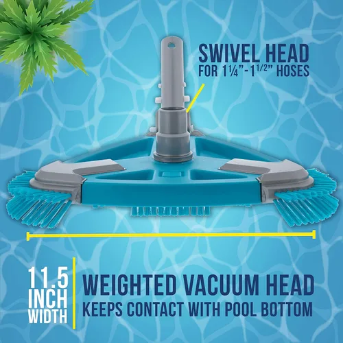 Vista 3 de U.S. Pool Supply Cabezal de Aspiradora Triangular Deluxe con Peso para Piscina con Cepillos Laterales, Conexión Giratoria, Mango EZ Clip - Para