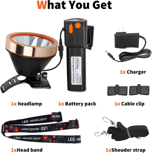 Vista 6 de Linterna de cabeza LED recargable de alta potencia - linterna frontal ajustable impermeable, linterna frontal de manos libres para camping