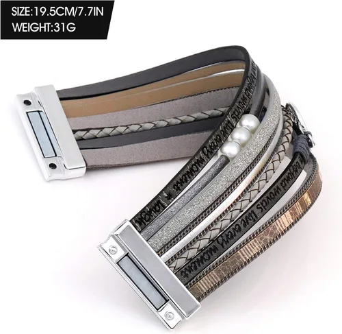 Vista 5 de SuYi - Pulsera de cuero trenzado de múltiples capas, con hebilla magnética