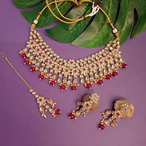 Vista 2 de Efulgenz Indian Jewelry Choker Necklace Maang Tikka Earrings Bollywood Wedding Crystal Kundan Necklace Earrings Head Chain Set