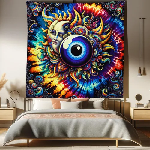 Vista 148 de Ambesonne Tapiz de hongos, atmósfera psicodélica, escena astral estrellada con motivos orientales trippy, decoración de tela para colgar en la pared