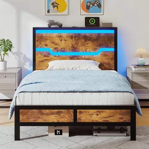 Vista 17 de Homkdom Twin Size Bed Frame with LED, Headboard Shelf & USB Ports