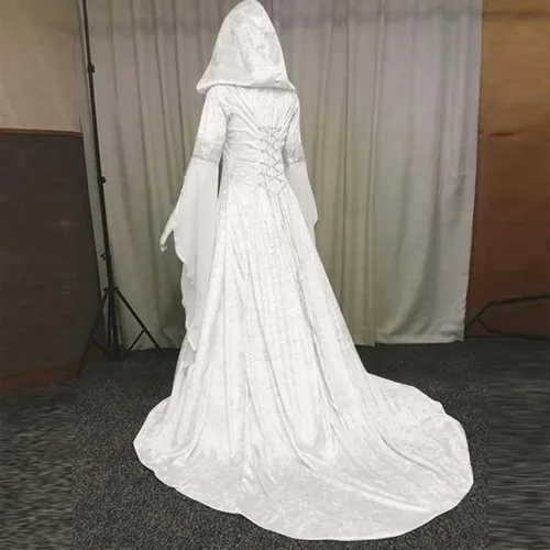 Vista 3 de YSLMNOR Disfraz medieval para mujer, corsé de Halloween, vestido gótico renacentista, talla grande, vestido de fiesta de manga acampanada, ropa