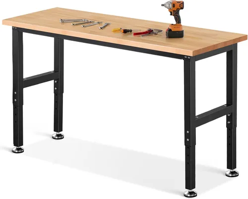 Vista 8 de ENJOYWOOD Banco de trabajo resistente de 41 pulgadas, banco de trabajo de altura ajustable con parte superior de madera de caucho maciza, mesa