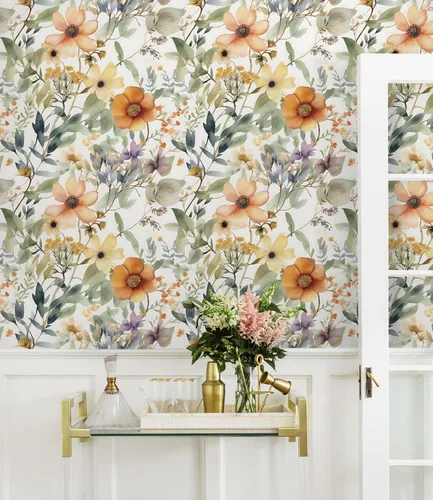Vista 2 de Guvana Papel tapiz floral de 78.7"×16.14" amarillo/naranja despegar y pegar, papel de contacto floral bohemio, papel de pared removible