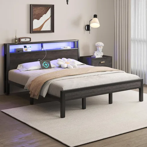 Vista 33 de LOEWAY Base de cama tamaño Queen con cabecero de almacenamiento y luces LED, color gris