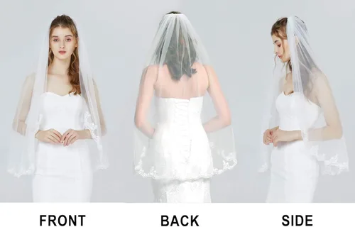 Vista 4 de Velo de novia con peine de 1 nivel de encaje aplique borde de los dedos longitud 41 V84 blanco marfil