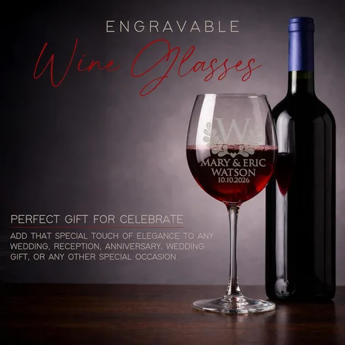 Vista 2 de Juego de 2 copas de vino personalizadas con monograma, 20 onzas (diseño 5, copa de vino)