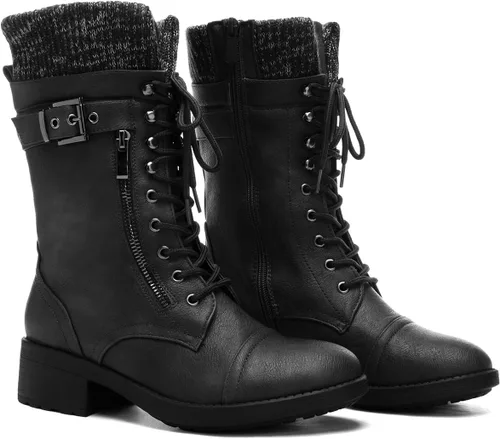 Vista 3 de DREAM PAIRS Botas militares de invierno con cordones a media pantorrilla para mujer