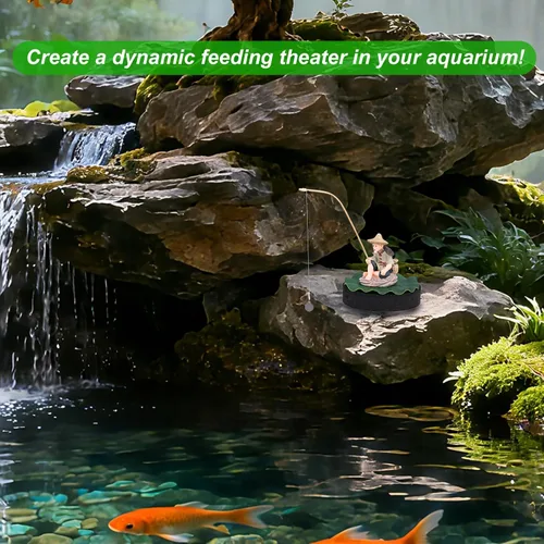 Vista 4 de Decoración flotante para pecera, figura de acuario de pescador con base de hoja de loto y caña de pescar divertido alimentador de peces estatua