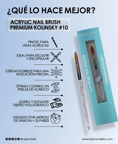 Vista 9 de Legacy Nails Cepillo de uñas KOLINSKY de alta calidad #10, cepillo profesional de uñas acrílicas con cerdas naturales de pelo Kolinsky, mango