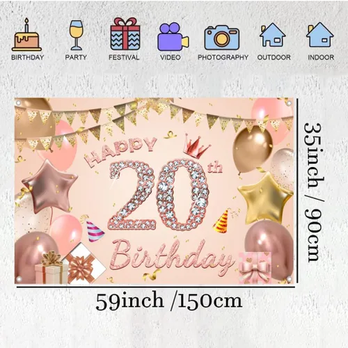 Vista 2 de Cartel de tela con texto en inglés "Happy 20th Birthday" para niñas y mujeres jóvenes de 20 años, cartel de tela para fiesta de cumpleaños de mujer