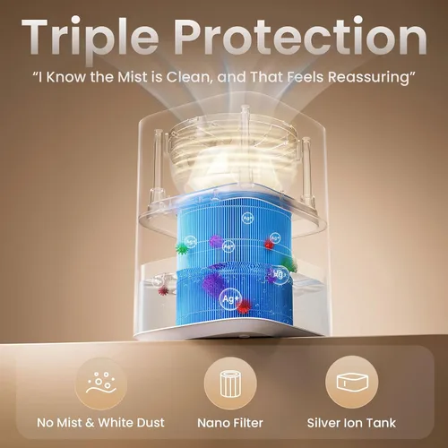 Vista 4 de Provirtec Humidificador evaporativo Pro Baby para dormitorio, sin niebla y sin polvo blanco, sin BPA y 16 dB, sueño silencioso para niños, 3 modos