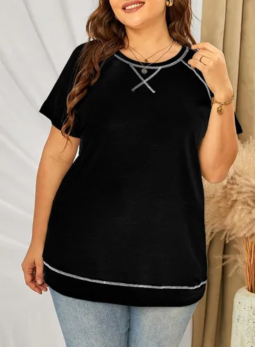 Vista 8 de Eytino Blusas de talla grande para mujer, cuello en V, manga corta, a rayas, casual, holgada, con bolsillo (1X-5X)