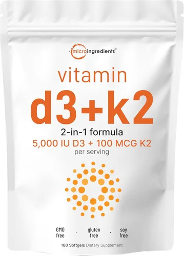 Vista 8 de Micro Ingredients Vitamina D3 5,000 UI + K2 MK-7 100 mcg por porción, 90 cápsulas blandas Suplemento 2 en 1 D3 K2 Fácil de tragar, sin OMG, sin