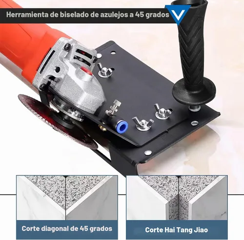 Vista 6 de Herramienta de biselado de azulejos de 45 grados, soporte de amoladora angular con 5 piezas de discos de molienda, cuchillas de corte, guantes