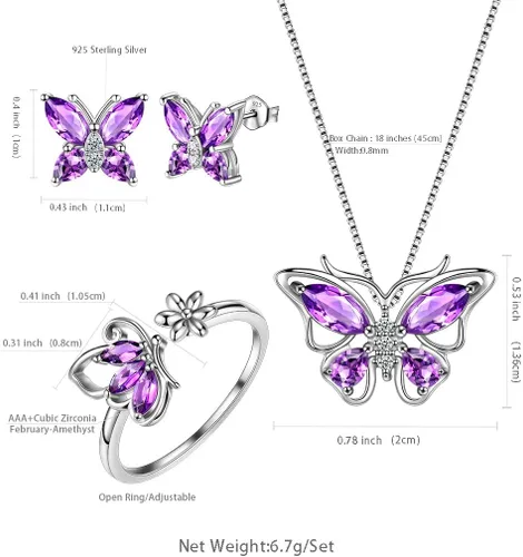 Vista 6 de Aurora Tears Butterfly Jewelry,Women 925 Sterling Silver Butterflies Birthstone Pendant NecklaceEarringsRings Wedding Gift