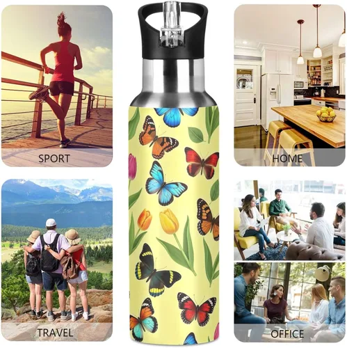 Vista 5 de Stainless Steel Vacuum Insulated Water Bottle 32 Oz, Leakproof Water Bottles for Gym Outdoor Travel School, Colorful Butterflies Tulips Yellow