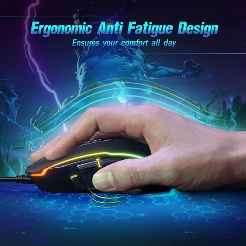 Vista 6 de Ratón para juegos con cable, ergonómico USB para computadora con 8 botones programables, ratón óptico para juegos con 16.8 millones