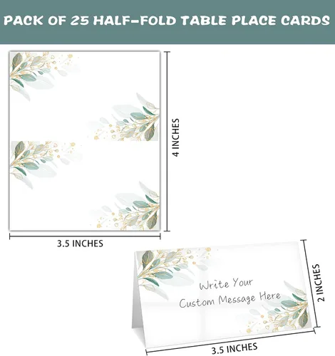 Vista 2 de Tarjeta de mesa de papel de aluminio dorado, juego de 25 tarjetas estilo tienda de campaña con eucalipto verde, tarjetas de nombre editables