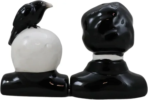 Vista 5 de Ebros Gift Poeta gótico Edgar Allen Poe con cuervo negro en el cráneo decorativo de cerámica salero y pimentero Figuritas Quoth The Raven Nevermore