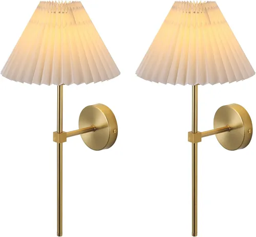 Vista 9 de Juego de 2 apliques de pared de latón cepillado con pantalla plisada blanca, lámpara de pared dorada de cuello de cisne para interiores, tocador