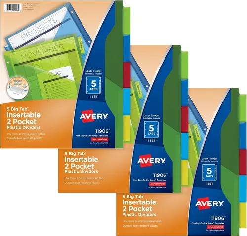 Vista 9 de Avery Separadores para carpetas de 3 anillas, juegos de 5 pestañas, separadores de carpeta de plástico de dos bolsillos con pestañas, multicolor, 3