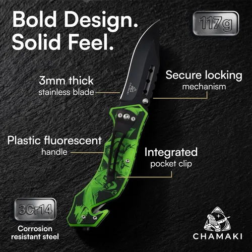Vista 3 de Cuchillo de bolsillo de rescate – Cuchillo plegable manual con mango que brilla en la oscuridad, rompecristales, cortador de cinturón de seguridad