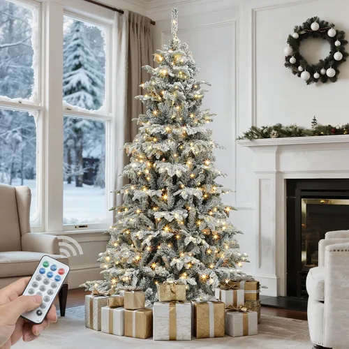Vista 10 de GOOBED 6.5 ft Prelit Snow Flocked Christmas Tree, Layered Spruce w/Remote Christmas Tree w/ 760 Thickened Branch Tips, 350 Lights for Home, Office
