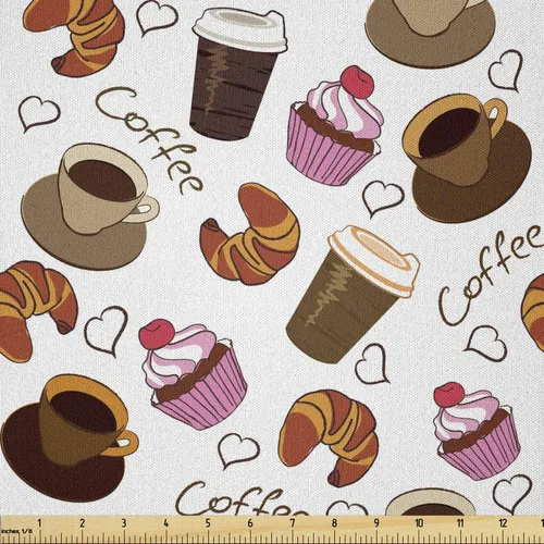 Vista 95 de Lunarable - Tela de café por yarda, tazas de café para llevar y dulces, diseño de cupcakes de cereza y croissant, cultura del desayuno americano
