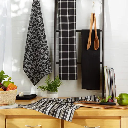Vista 7 de DII Juego de cocina tejido surtido, toalla de cocina, 18 x 28 pulgadas, paño de cocina, 13 x 13 pulgadas, color negro, 5 piezas